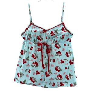 Rare Nick & Nora Pajama Top Women Sz M Blue Cherry Print Babydoll Top Retro
